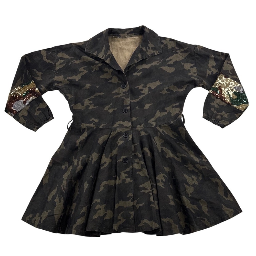Ryan Wayne Collection Camo Dress Sequin Military Chic Fit Flare Shirt Dress NWT